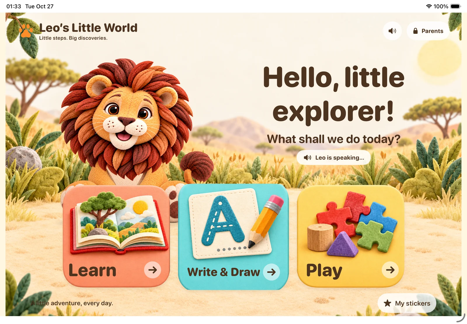 Leo’s Little World iPad home screen with Learn, Write & Draw and Play activities