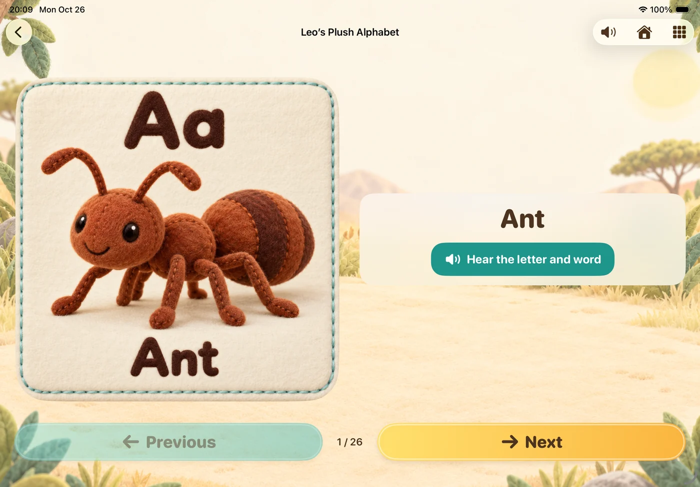 Alphabet activity with a plush ant picture and letter A